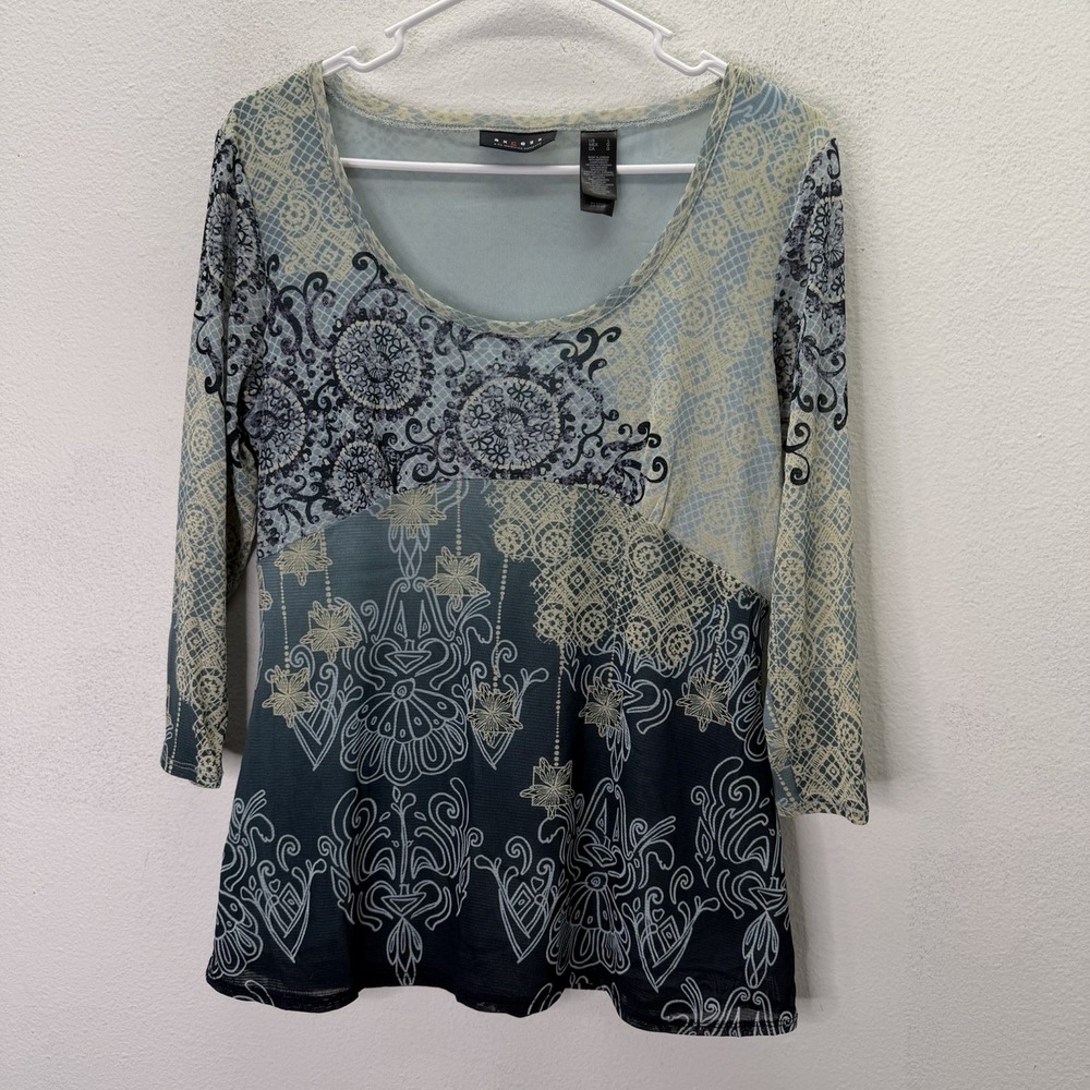 VTG Y2K Mesh Boho Paisley Babydoll Top SZ L Blue Whimsigoth Grunge Long Sleeve